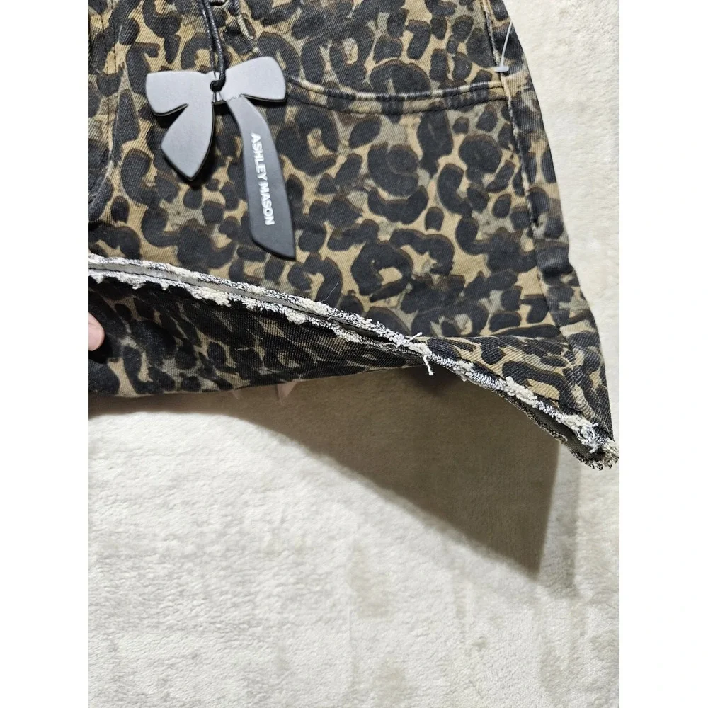 Leopard Print‎ Denim Mini Skirt Pink Bow Y2K Coquette Stretch Ashley Mason Sz 9